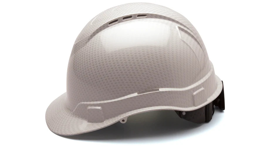 Pyramex Ridgeline Cap Style Hard Hat, Vented, 4-Point Ratchet Suspension, Shiny White Graphite Pattern