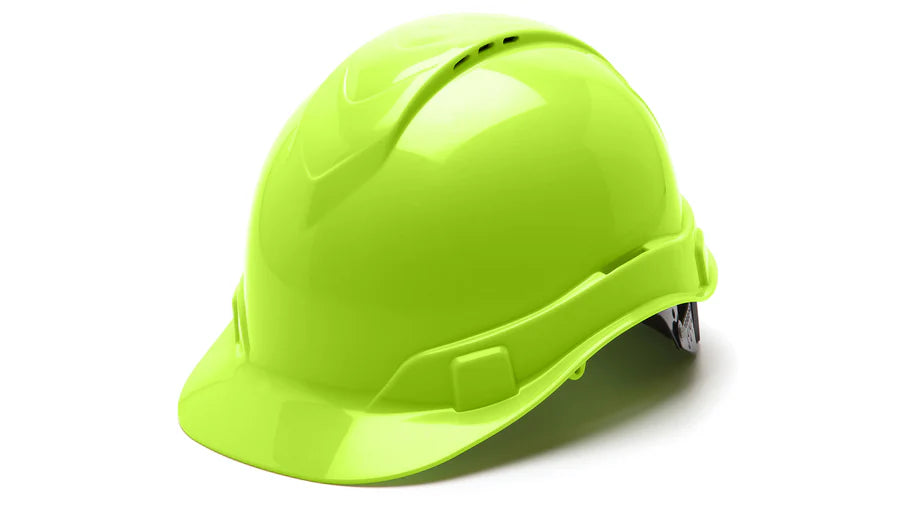 Pyramex Ridgeline Cap Style Hard Hat, Vented, 4-Point Ratchet Suspension, Hi-Vis Lime