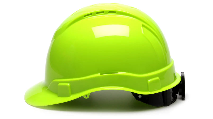 Pyramex Ridgeline Cap Style Hard Hat, Vented, 4-Point Ratchet Suspension, Hi-Vis Lime