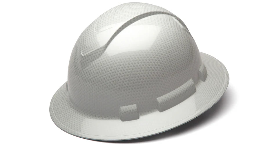 Pyramex Ridgeline Full Brim Hard Hat 4 Point Ratchet Shiny White Graphite Pattern