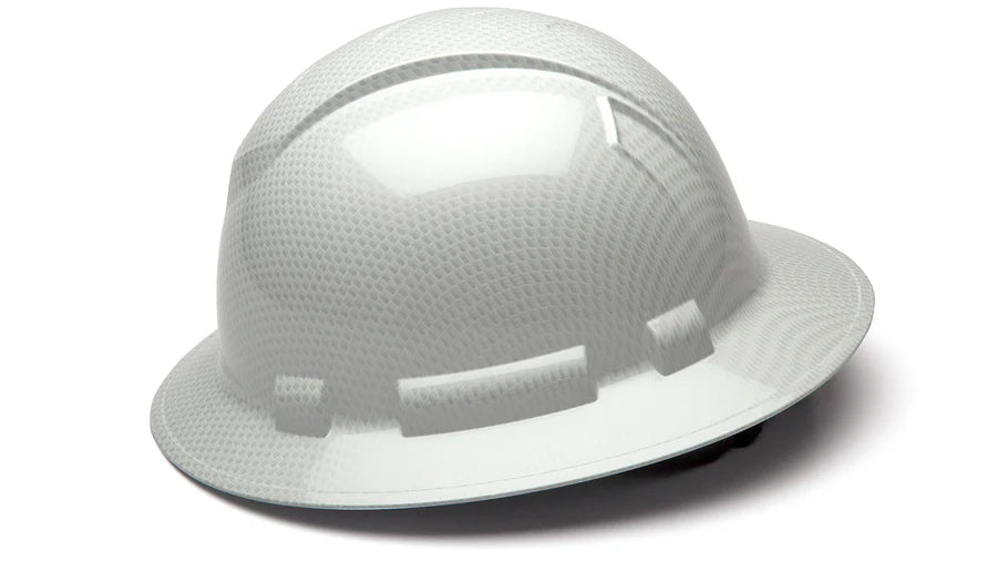 Pyramex Ridgeline Full Brim Hard Hat 4 Point Ratchet Shiny White Graphite Pattern