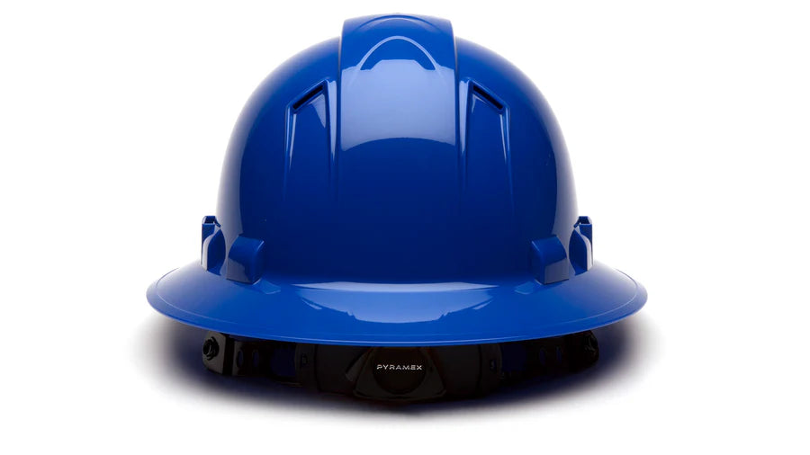 Pyramex Ridgeline Full Brim Hard Hat 4 Point Ratchet Vented Blue