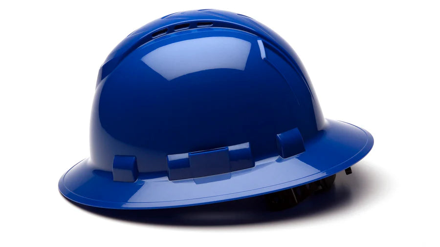 Pyramex Ridgeline Full Brim Hard Hat 4 Point Ratchet Vented Blue