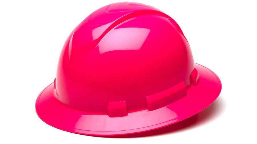 Pyramex Ridgeline Full Brim Hard Hat, 4-Point Ratchet Suspension, Hi-Vis Pink