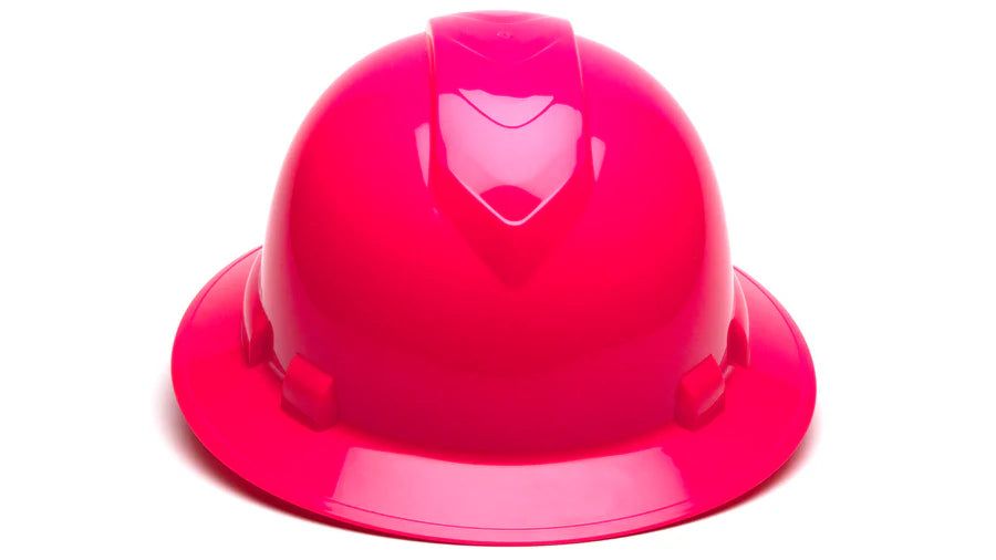 Pyramex Ridgeline Full Brim Hard Hat, 4-Point Ratchet Suspension, Hi-Vis Pink