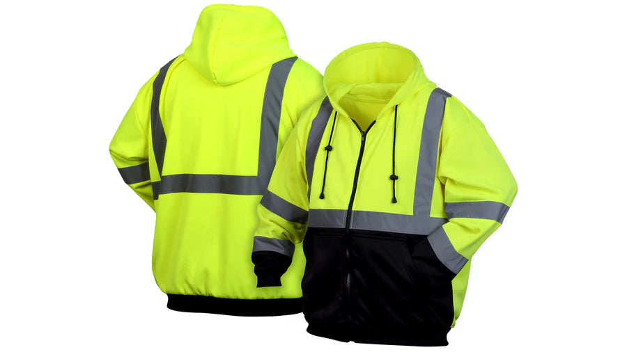 Pyramex Series Sweatshirts Hi-Vis Lime Zipper Safety Sweatshirt With Black Bottom - Size Small, Hi Vis Lime