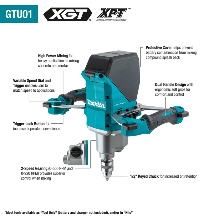 Makita GTU01M1 40V Max XGT Brushless Cordless 1/2 In. Mixer Kit