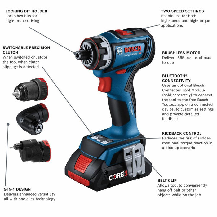 BOSCH 18V Drill/Driver with 5-In-1 Flexiclick System and 2pk CORE18V 4Ah Advanced Power Battery