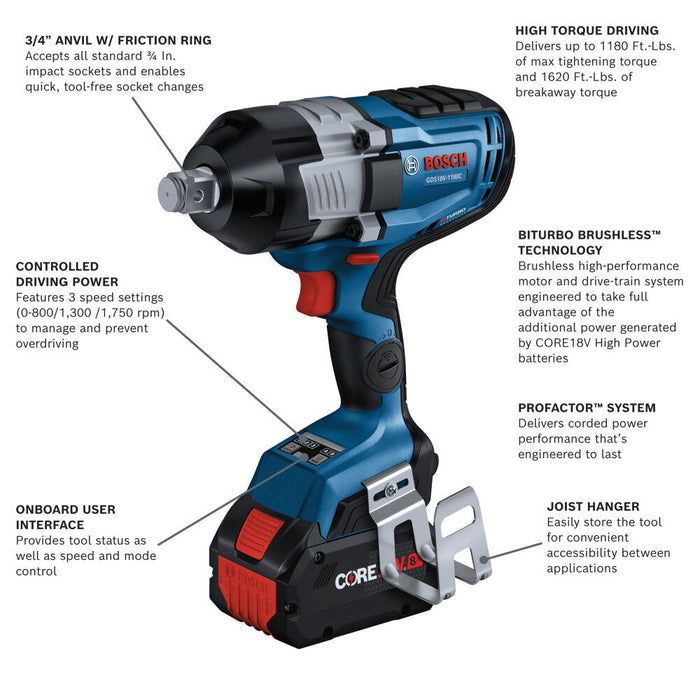 Bosch PROFACTOR 18V Connected-Ready 3/4 In. High Torque Impact Wrench Kit with Friction Ring and Thru-Hole and (2) CORE18V 8 Ah Batteries