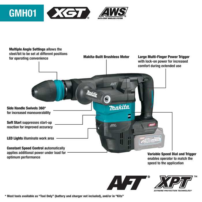 Makita 40V Max XGT Brushless Cordless 15 lb. SDS‑MAX AVT Demolition Hammer Kit, AWS Capable (4.0Ah)