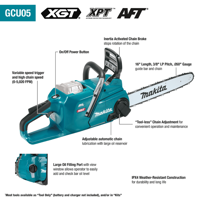 Makita GCU05T 40V XGT Brushless Cordless 16 In. Chain Saw Kit