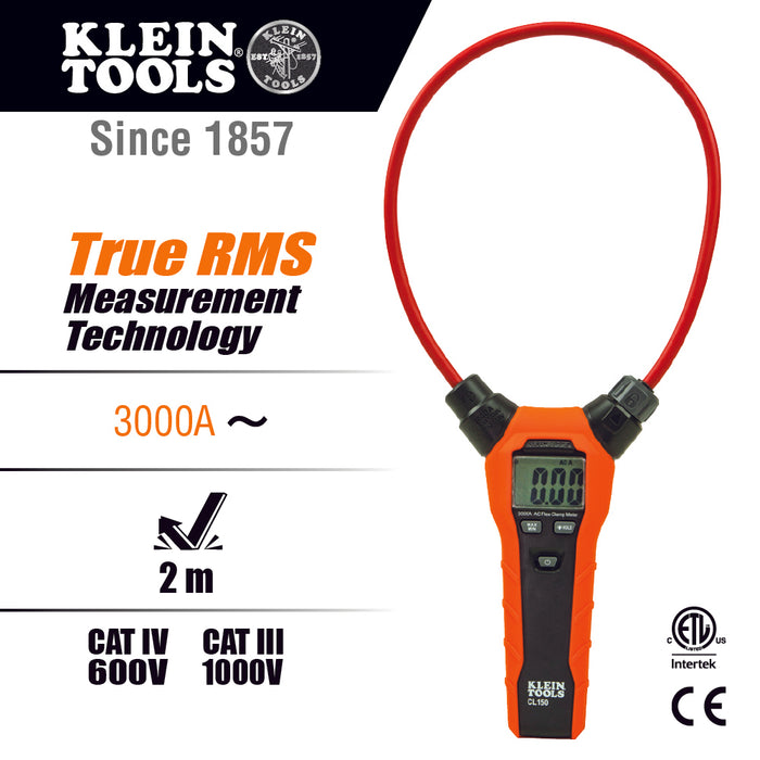 Klein Tools CL150 Clamp Meter, AC Electrical Tester with 18-Inch Flexible Clamp, True RMS Readings, Auto Ranging and More