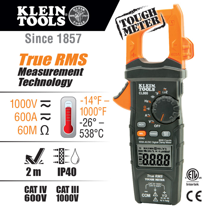 Klein Tools CL800 Digital Clamp Meter, Auto Ranging TRMS, AC/DC Volt/Current, LoZ, Continuity, Frequency, Capacitance, NCVT, Temp, More 1000V