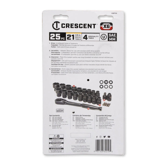 Crescent 25 Piece 3/8" Drive Pass-Thru X6 Standard Spline Mechanics Tool Set - CX6PT25