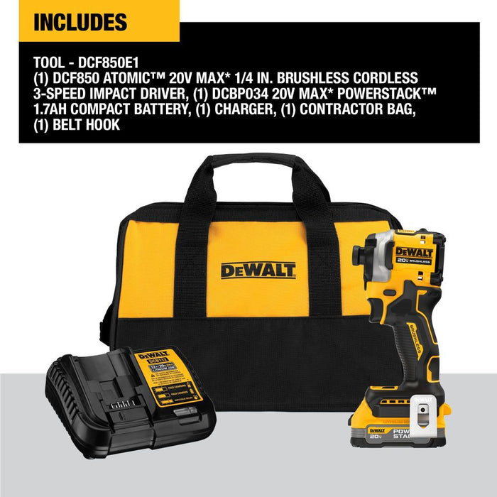 DeWALT ATOMIC Brushless Cordless 1/4 In. 3-Speed Impact Driver with POWERSTACK Compact Battery