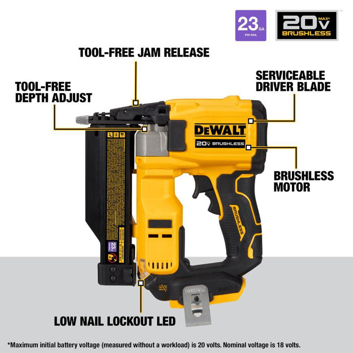 DeWALT (DCN623B) 20V ATOMIC MAX Compact Series Pin Nailer 23-Gauge (Bare Tool)