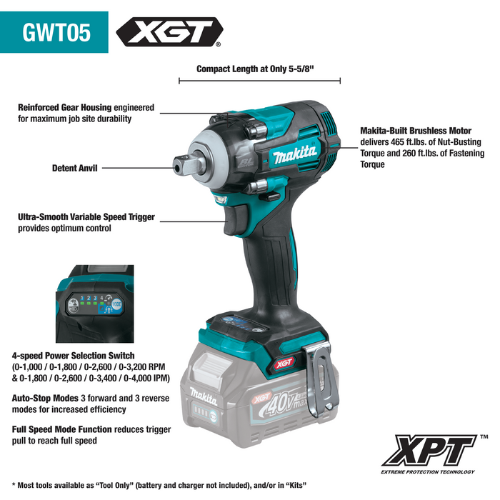 MAKITA 40V Max XGT Brushless Cordless 4‑Speed 1/2" Sq. Drive Impact Wrench w/ Detent Anvil (Bare Tool)