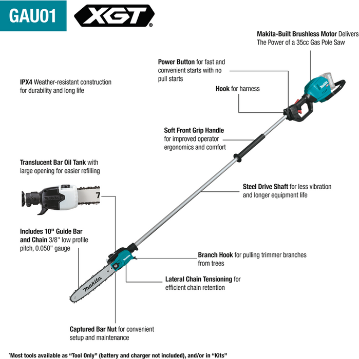 Makita 40V MAX XGT Brushless Cordless 10" Pole Saw Kit, 8' Length