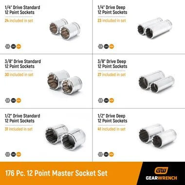 GEARWRENCH 176 Piece 1/4 Inch, 3/8 Inch & 1/2 Inch Drive 12 Point Standard and Deep SAE/Metric Master Socket Set - 89074