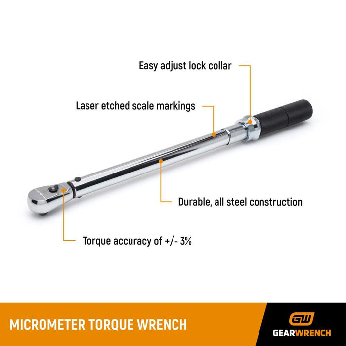 GEARWRENCH 3/8 In. Drive Micrometer Torque Wrench 10-100 ft/lbs.