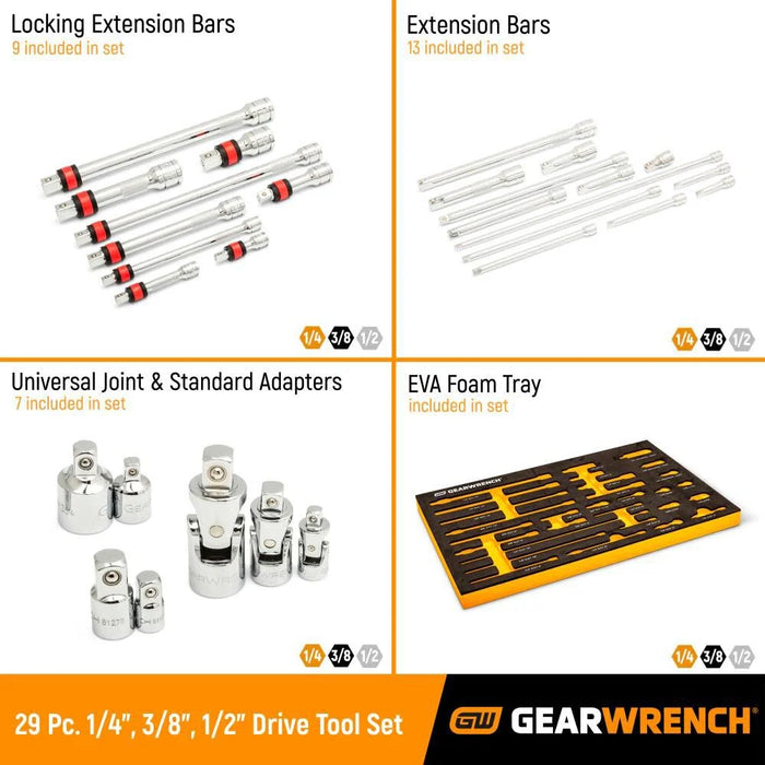 GEARWRENCH Chrome Tool Accessories Set 1/4in 3/8in 1/2in Drive 29pc