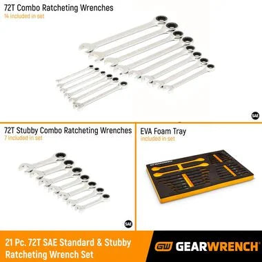 GEARWRENCH 21 Piece 72T SAE Standard & Stubby Ratcheting Wrench Set with EVA Foam Tray - 86526