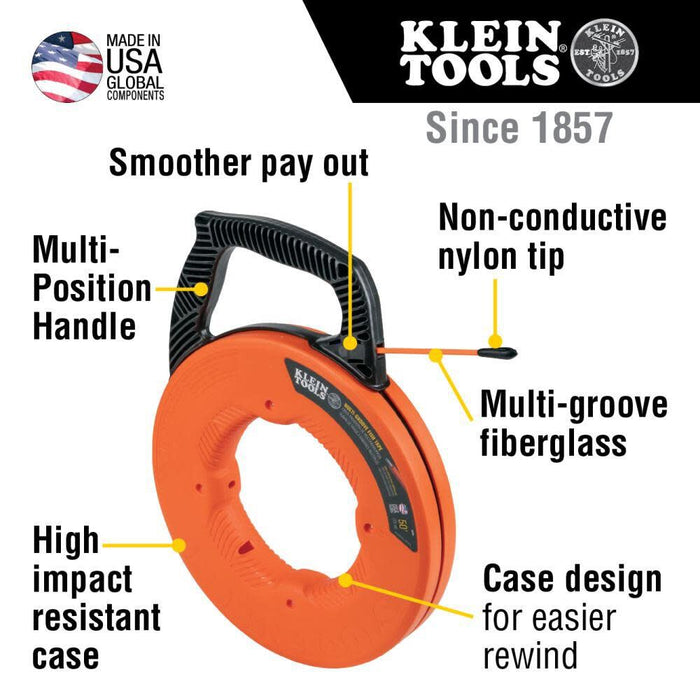 Klein Tools 56383 Non-Conductive 100-Foot Electrical Fish Tape, Multi-Groove Fiberglass Wire Puller with Nylon Tip, Optimized Housing and Handle