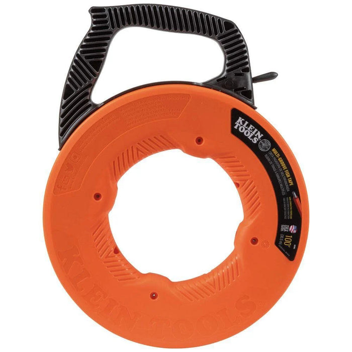 Klein Tools 56383 Non-Conductive 100-Foot Electrical Fish Tape, Multi-Groove Fiberglass Wire Puller with Nylon Tip, Optimized Housing and Handle