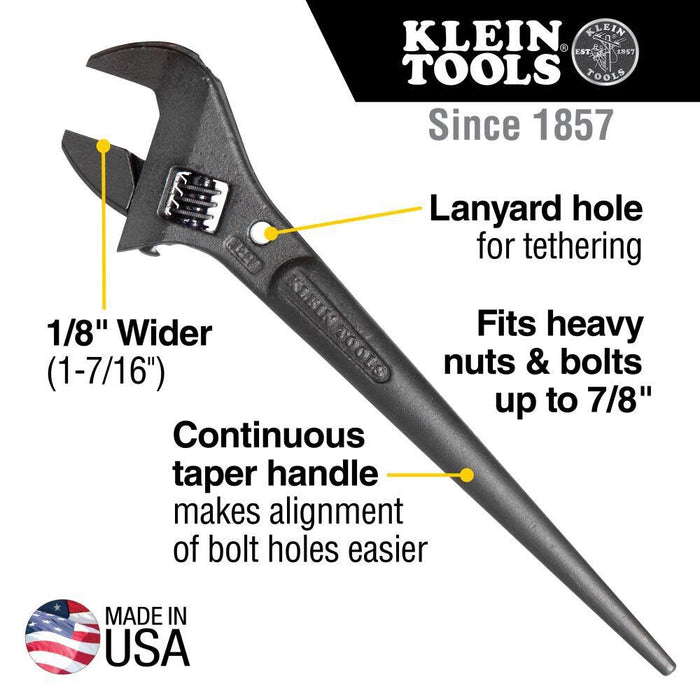 Klein Tools 3227 Extra Wide Adjustable Wrench, Made in USA, Construction Spud Wrench for Up to 1-7/16-Inch Nuts and Bolts, 10-Inch, with Tether Hole