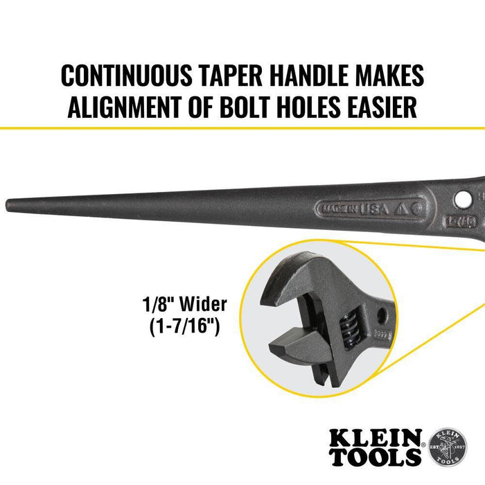 Klein Tools 3227 Extra Wide Adjustable Wrench, Made in USA, Construction Spud Wrench for Up to 1-7/16-Inch Nuts and Bolts, 10-Inch, with Tether Hole