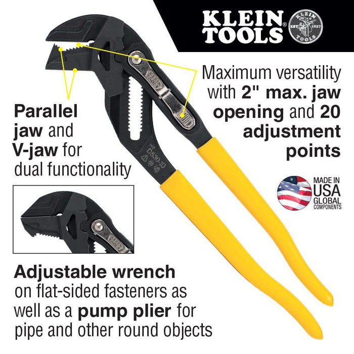 Klein Tools D53010 Plier Wrench, High Leverage Multi-Use Pump Plier with Adjustable and Reversible Double-Sided Jaw, Smooth and Knurled Teeth, 10-Inch