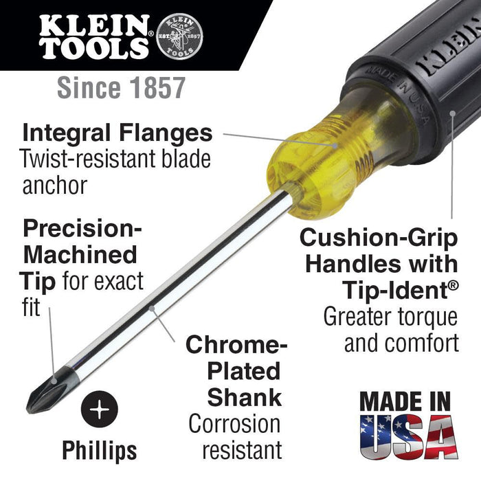 Klein Tools 85072 Long Blade Slotted and Phillips Screwdriver Set with Heat Treated Shafts and Cushioned Grips, Made in USA, 2-Piece