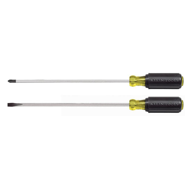 Klein Tools 85072 Long Blade Slotted and Phillips Screwdriver Set with Heat Treated Shafts and Cushioned Grips, Made in USA, 2-Piece