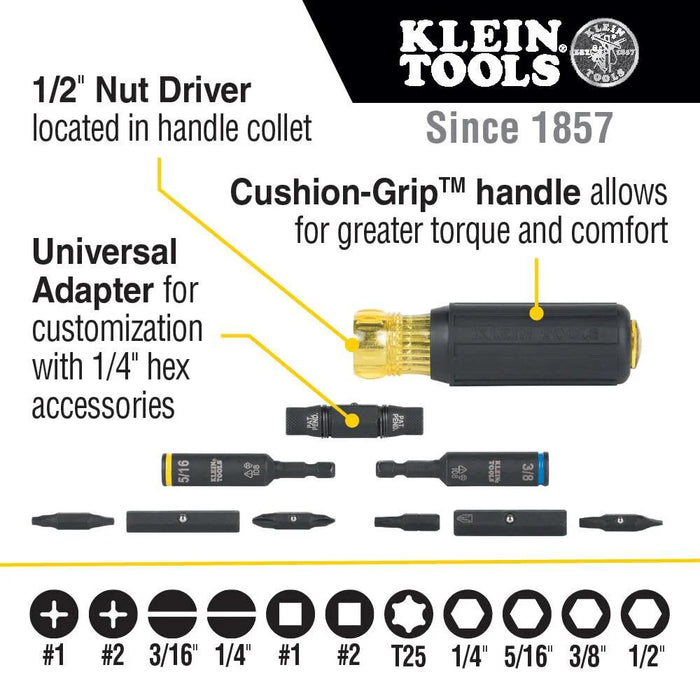 Klein Tools 32500HD KNECT Multi-Bit Screwdriver / Nut Driver, Impact Rated 11-in-1 Tool with Phillips, Slotted, Square and Torx Tips