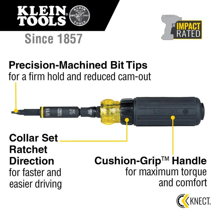 Klein Tools 32500HDRT KNECT Ratcheting Screwdriver, Multi-Bit Screwdriver/Nut Driver, Impact Rated 11-in-1 Tool with Phillips, Slotted, Square and Torx Tips