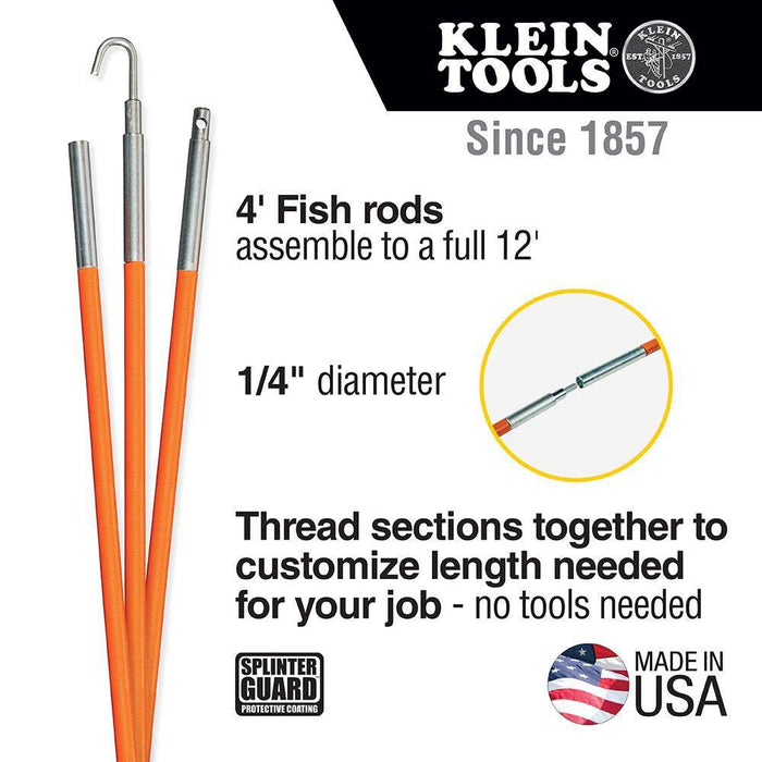 Klein Tools 56312 Lo-Flex Fish Rod Set, with Splinter Guard Coating and Stainless Steel Connectors, Bullet Nose and Hook Attachments, 12-Foot