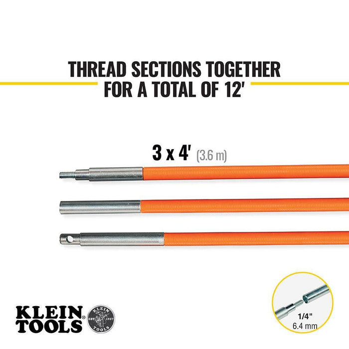 Klein Tools 56312 Lo-Flex Fish Rod Set, with Splinter Guard Coating and Stainless Steel Connectors, Bullet Nose and Hook Attachments, 12-Foot