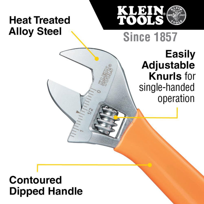 Klein Tools O50712 Adjustable Wrench, Extra-Capacity Jaw, Forged Heat-Treated Alloy Steel, SAE, Metric Scales, Plastic-Dipped Handle, 12-Inch