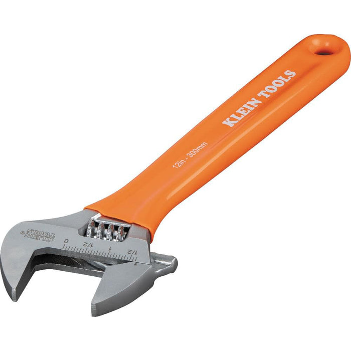 Klein Tools O50712 Adjustable Wrench, Extra-Capacity Jaw, Forged Heat-Treated Alloy Steel, SAE, Metric Scales, Plastic-Dipped Handle, 12-Inch