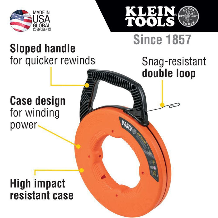 Klein Tools 56333 Electrical Fish Tape, Steel Wire Puller with Double Loop Tip, Optimized Housing and Handle, 1/8-Inch x 120-Foot