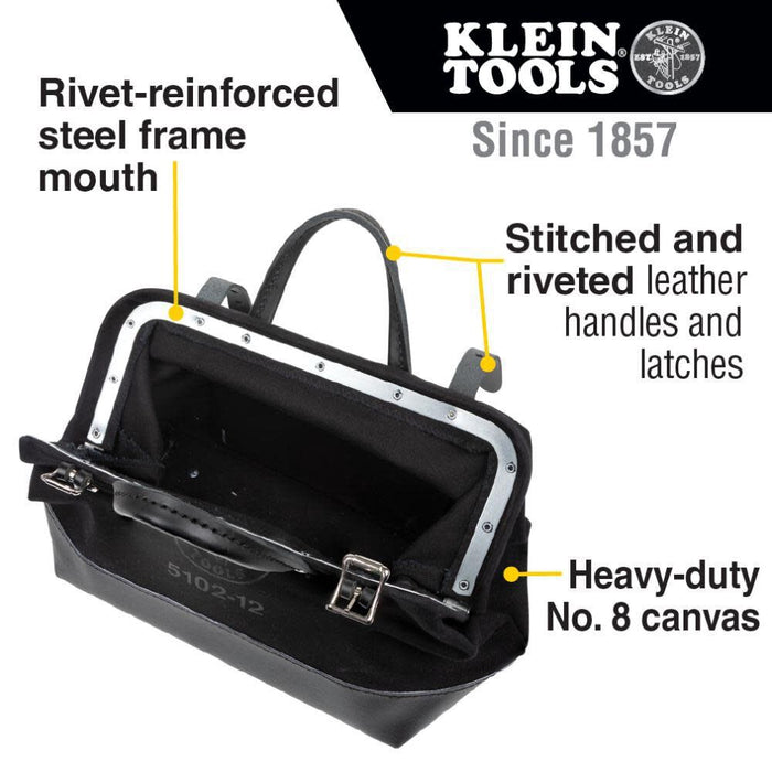 Klein Tools 510212BLK Heavy Duty Black Canvas Tool Bag, Tool Tote, Multi-Purpose Bag with Wide Hinged Opening and Leather Handles, 12-Inch