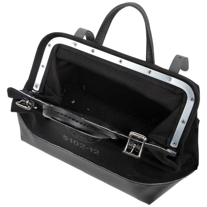 Klein Tools 510212BLK Heavy Duty Black Canvas Tool Bag, Tool Tote, Multi-Purpose Bag with Wide Hinged Opening and Leather Handles, 12-Inch