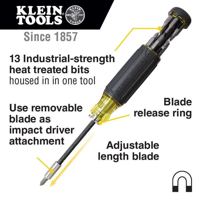 Klein Tools 32303 Multi-Bit Screwdriver / Nut Driver, Impact Rated 14-in-1 Magnetic Screwdriver Set Phillips, Slotted, Square, Combo, Torx