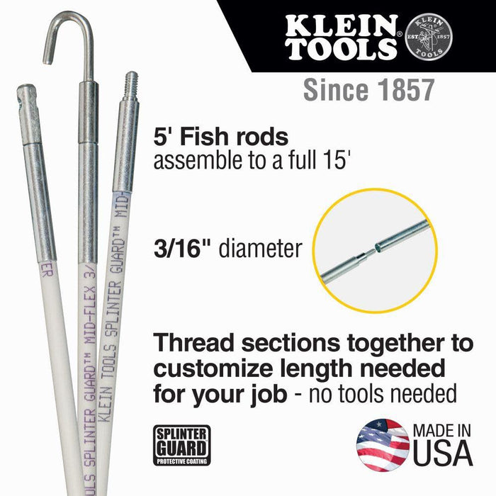 Klein Tools 56415 Mid-Flex Glow Rod Set, Fish Rod with Splinter Guard Coating and Stainless Steel Connectors, Bullet Nose and Hook Attachments, 15-Foot