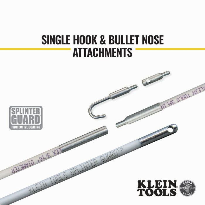 Klein Tools 56415 Mid-Flex Glow Rod Set, Fish Rod with Splinter Guard Coating and Stainless Steel Connectors, Bullet Nose and Hook Attachments, 15-Foot