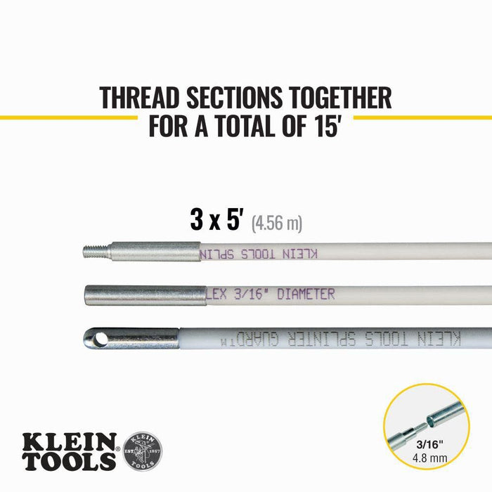 Klein Tools 56415 Mid-Flex Glow Rod Set, Fish Rod with Splinter Guard Coating and Stainless Steel Connectors, Bullet Nose and Hook Attachments, 15-Foot