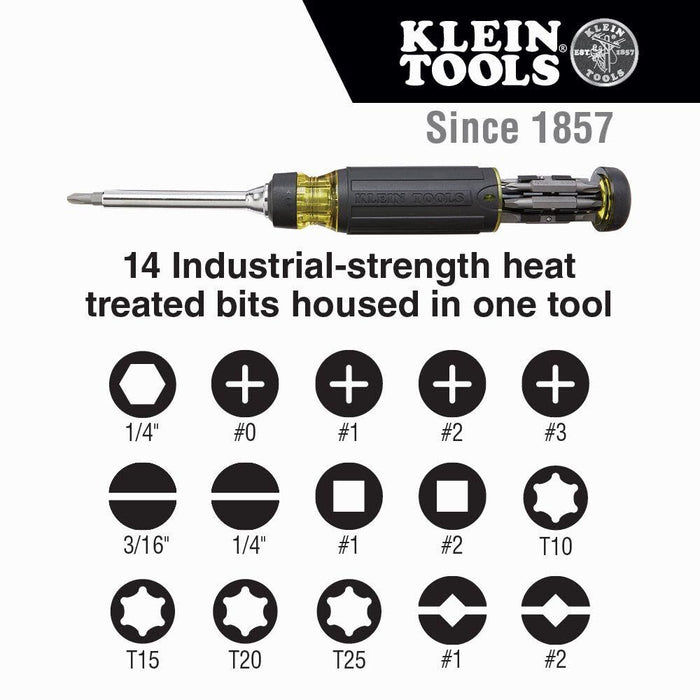 Klein Tools 32305 Multi-bit Ratcheting Screwdriver, 15-in-1 Tool with Phillips, Slotted, Square, Torx and Combo Bits and 1/4-Inch Nut Driver