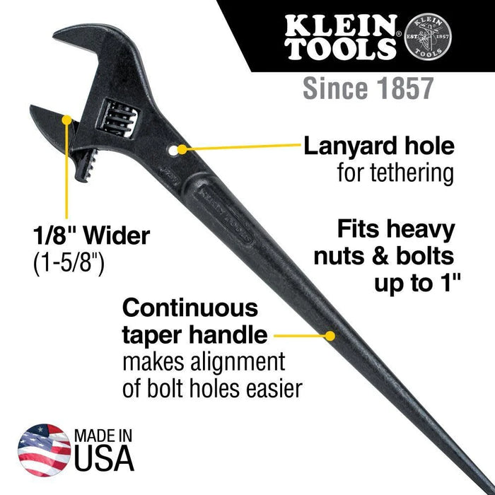 Klein Tools 3239 Adjustable Spud Wrench, Made in USA, 16-Inch Length, 1-5/8 Wrench Opening, Fits Heavy Nuts and Bolts up to 1-Inch, Tethering