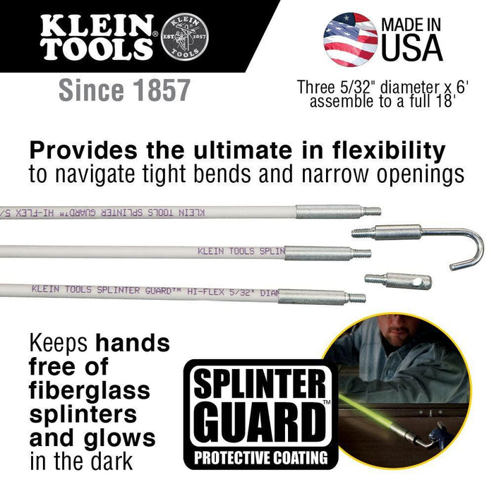 Klein Tools 56418 Hi-Flex Glow Rod Set, 18-Foot, Splinter Guard Coating, Stainless Steel Connectors, Glows in Dark