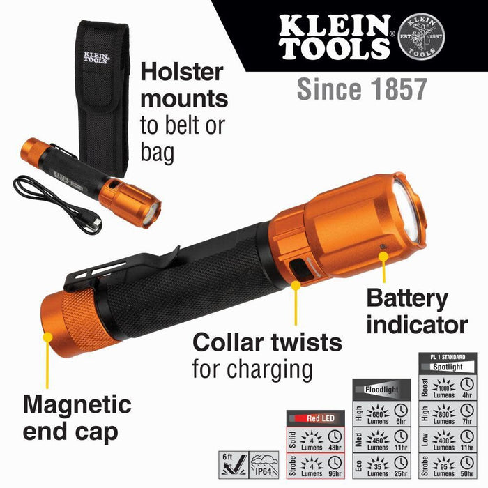 Klein Tools 56413 Rechargeable 2-Color LED Flashlight, Holster, Spotlight, Floodlight, Red LED, 1000 Lumens, USB Cable, Camping, Hunting